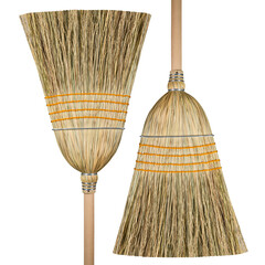 Straw Broom. Garden commercial or professional natural organic wooden broom on isolated white...