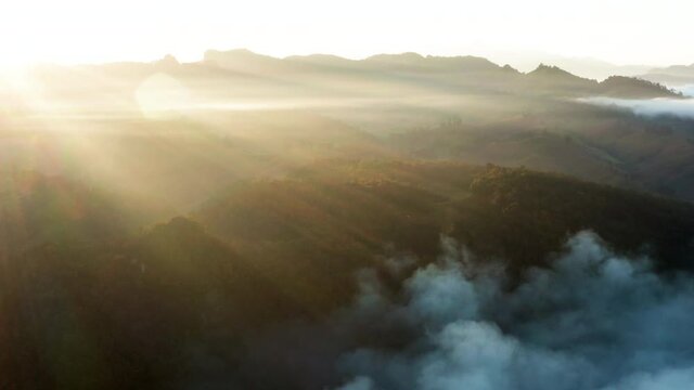 Aerial view of beautiful morning mist mountain in Bang Cha Po or Ban Ja Bo village in Pang ma pha district in Mae Hong Son, Thailand