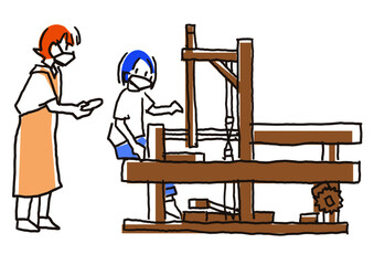 奄美大島紬の体験イラスト　機織りしている女性と教える女性　マスク付き