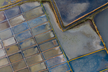 Aerial view of salt evaporation ponds in Aveiro, Portugal