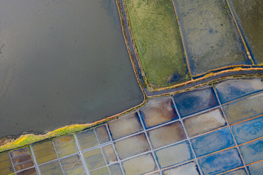 Aerial view of salt evaporation ponds in Aveiro, Portugal