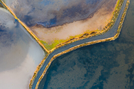 Aerial view of salt evaporation ponds in Aveiro, Portugal