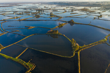 Aerial view of fish ponds and of salt evaporation ponds in Aveiro, Portugal