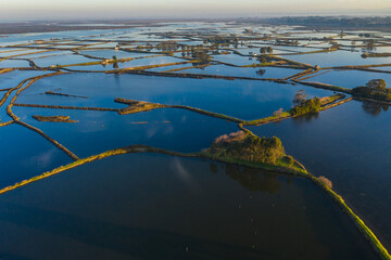 Aerial view of fish ponds and of salt evaporation ponds in Aveiro, Portugal