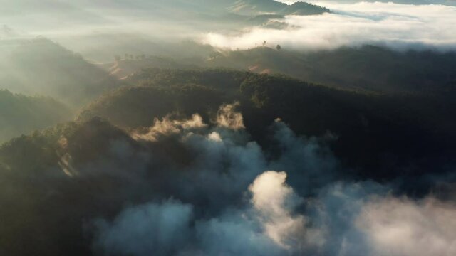 Aerial view of beautiful morning mist mountain in Bang Cha Po or Ban Ja Bo village in Pang ma pha district in Mae Hong Son, Thailand