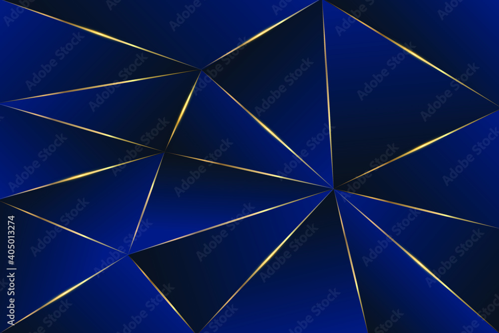 Poster abstract blue polygon triangles shape pattern background with golden line and lighting effect luxury