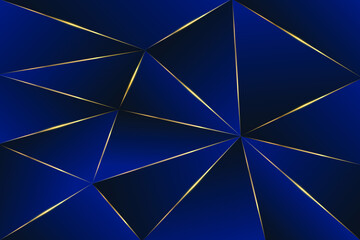 Abstract blue polygon triangles shape pattern background with golden line and lighting effect luxury style. Abstract polygonal pattern luxury golden line with dark blue template background. Abstract t
