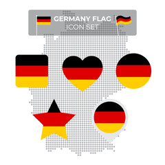 Germany flag icons set in the shape of square, heart, circle, stars and pointer, map marker. Germany mosaic map. German tricolor. Vector flat symbol, icon, button