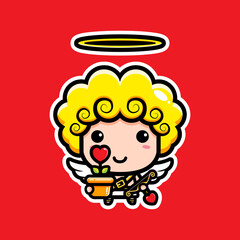 cute afro boy cupid character design holding a heart shaped flower plant