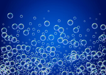 Bath bubble. Detergent soap foam and suds for bathtub. Shampoo. Creative fizz and splash. Realistic water frame and border. 3d vector illustration invite. Blue colorful liquid bath bubble.