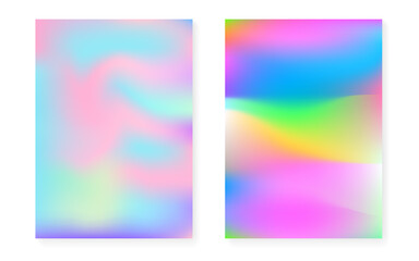Holographic gradient background set with hologram cover. 90s, 80s retro style. Pearlescent graphic template for flyer, poster, banner, mobile app. Colorful minimal holographic gradient.