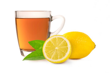 Cup of tea with lemon and leaves  isolated on white background.