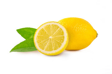 Lemon with half and leaves isolated on white background.

