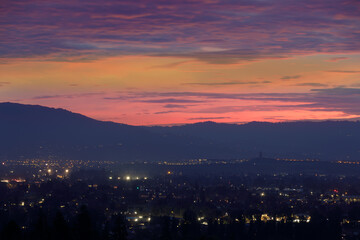 Aerial Views of Silicon Valley. Vibrant Skies over San Jose via Mt Hamilton Foothills in San Jose,...