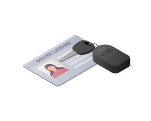Driver license and car key. Colored Isometric vector illustration. Isolated on white background.