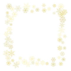 Glitter snowflakes frame on white background. Winter window. Shiny Christmas and New Year frame for gift certificate, ads, banners, flyers. Falling snow with golden glitter snowflakes for party invite