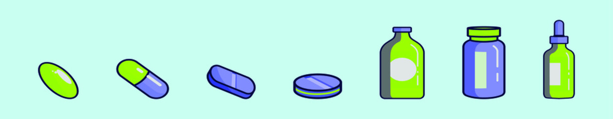 set of supplements cartoon icon design template with various models. vector illustration isolated on blue background