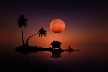 Poster Brun petite maison au coucher du soleil sur la plage avec des arbres