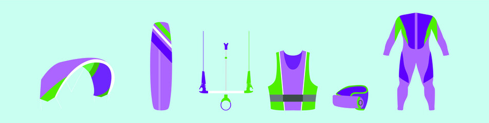 set of kite surfing equipment cartoon icon design template with various models. vector illustration isolated on blue background