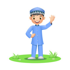 Happy Muslim boy standing on grass