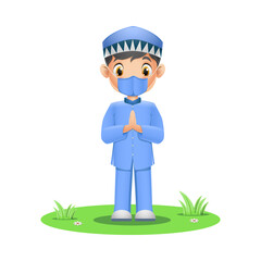 Cute Muslim boy wearing face mask on grass