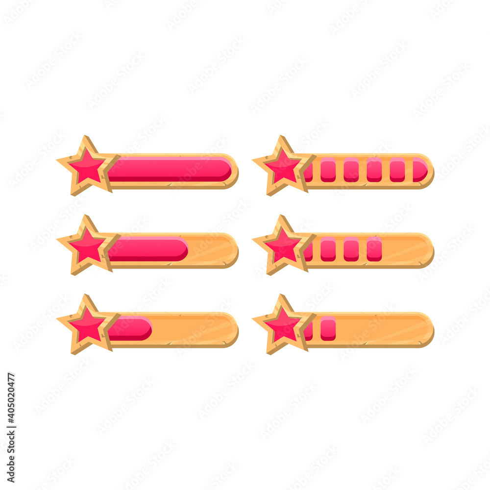 Aufkleber set of funny wooden game ui star progress bar with 2 different style for gui asset elements