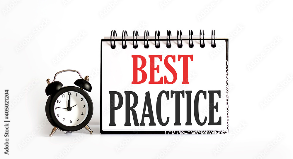 Poster best practice notepad writing on white background with alarm clock