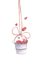 Watercolor cute illustration of a bucket with hearts hanging on rope. Perfect for printing, textile, web design, souvenirs, photo albums and other creative ideas.