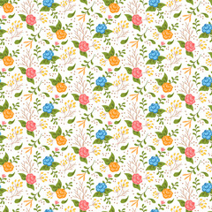 Spring, summer pattern with flowers. Multicolored stylized roses and flowers. Vector illustration isolated on white background. Simple drawing for packaging, decoration, scrapbooking, fabric. Garden