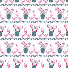 Pattern with flowers in a pot and birds. Small hearts for valentines day. Vector illustration isolated on white background. Drawing for packaging, decoration, scrapbooking, fabric.