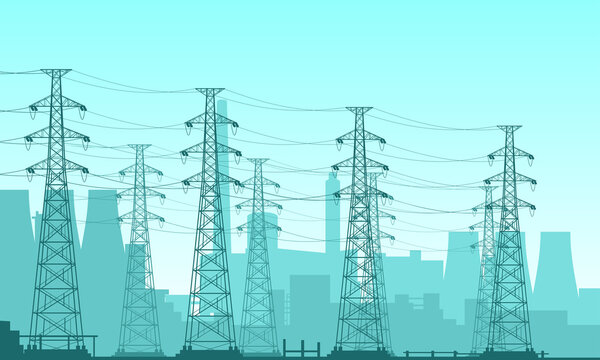 Vector illustration of a nuclear power plant field. Suitable for design elements of power companies, large electrical technology, high voltage power grids. Silhouette background of power plant.