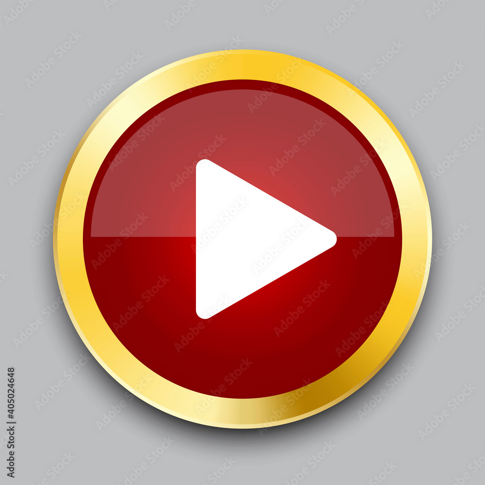 Poster red play button in 3d style. red play button in a gold frame. stock image. eps 10.