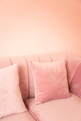 Fototapeta na wymiar velvet soft sofa new furniture in pink living room.