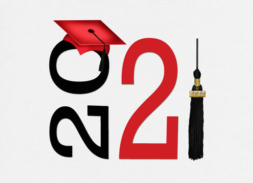 Red Graduation Cap With Black Tassel For The Class Of 2021 Isolated On White Background