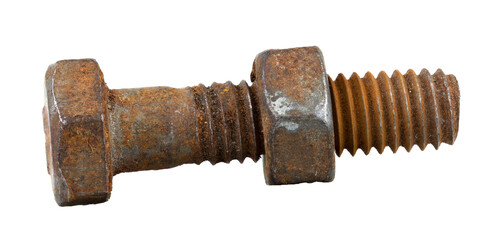 The rusty nut and bolt isolated on white background
