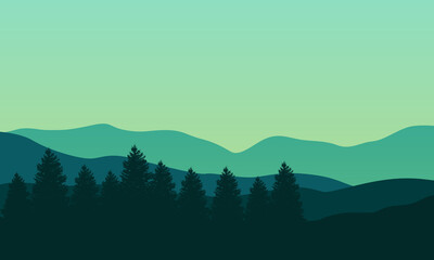 Amazing scenic trees and mountains on a warm morning. Vector illustration