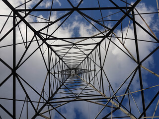 electricity pylons down to the top view cords  blue sky clouds  background