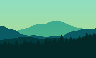 Beautiful mountain scenery with fog and forest at sunrises. Vector illustration
