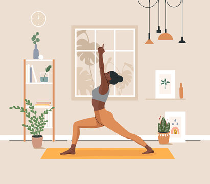 Young african american woman doing yoga exercises, practicing meditation and stretching on the mat. Black female character in yoga studio or home. Trendy flat vector illustration.