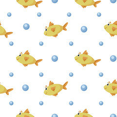 Nautical cartoon seamless pattern - cute golden fish and bubbles seamless digital paper, vector nursery marine or undersea animal background for kids textile, scrapbooking, wrapping paper
