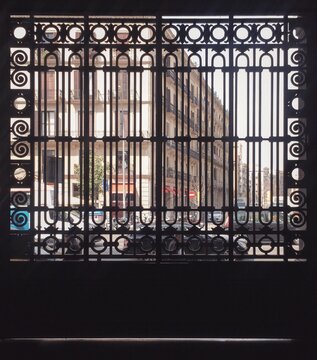 Black metal gate with black metal grille