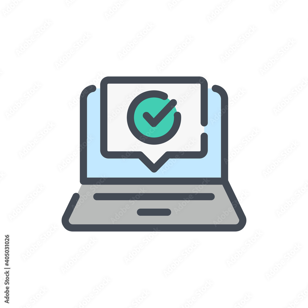 Poster online feedback color line icon. laptop with chat box with check mark vector outline colorful sign.