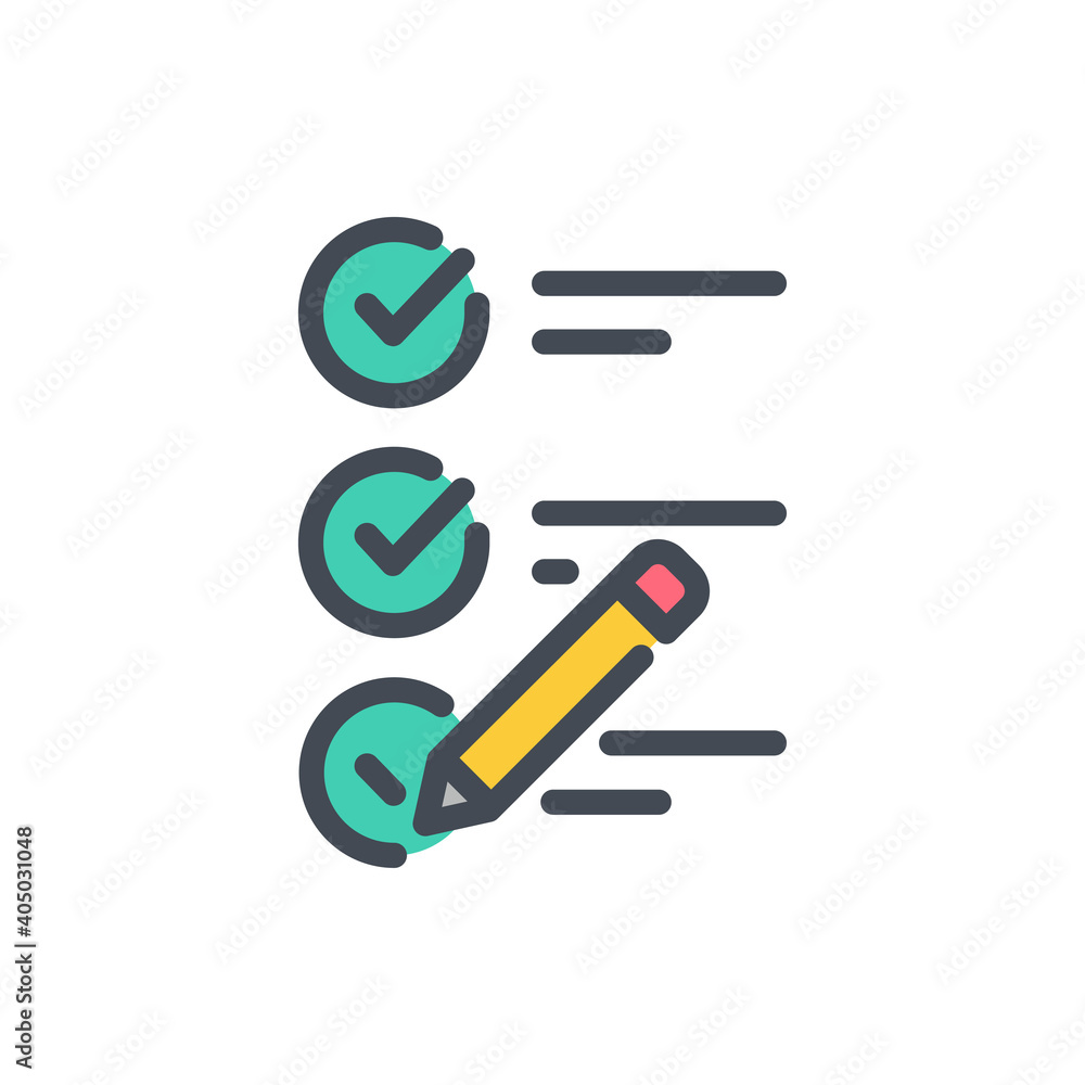 Poster survey and exam color line icon. checklist with pencil vector outline colorful sign.