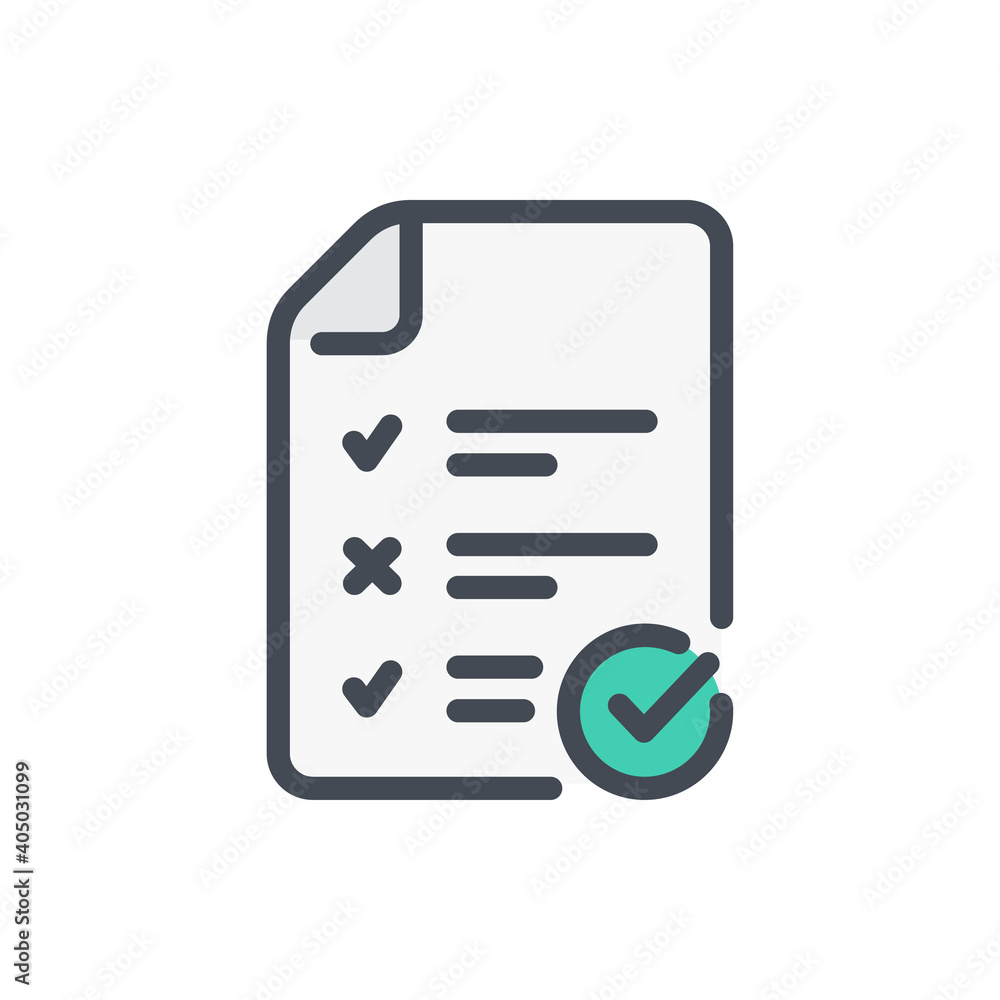 Fototapete Exam report color line icon. File with check list and check mark vector outline colorful sign.
