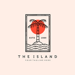 Palm or Coconut Line Art Logo Vector Illustration Design. Vintage Hand Drawn Palm Logo Badge Template Design. Sunset In The Island Logo Concept.