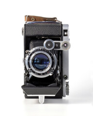 Antique old fashion film camera front view isolated on white background including clipping path