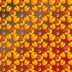 Bulgarian yellow and red pepper on red and black gradient background, pattern, wallpaper, top view, flat layout, isolated