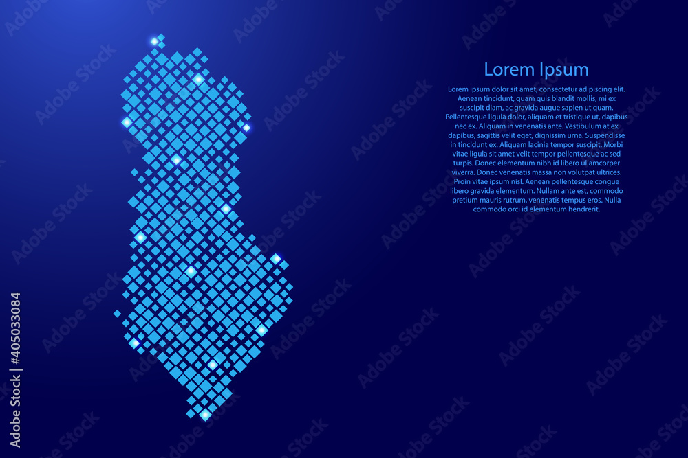 Poster albania map from blue pattern rhombuses of different sizes and glowing space stars grid. vector illu