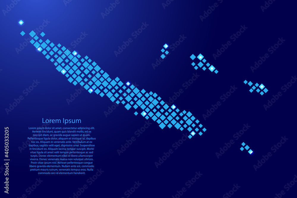 Aufkleber new caledonia map from blue pattern rhombuses of different sizes and glowing space stars grid. vecto