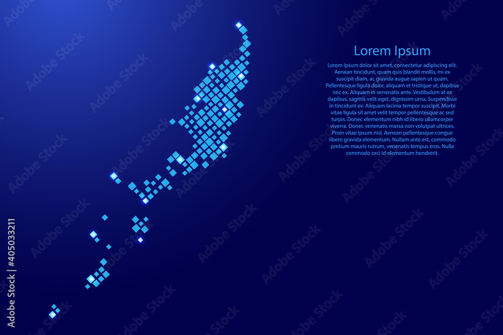 Poster palau map from blue pattern rhombuses of different sizes and glowing space stars grid. vector illust